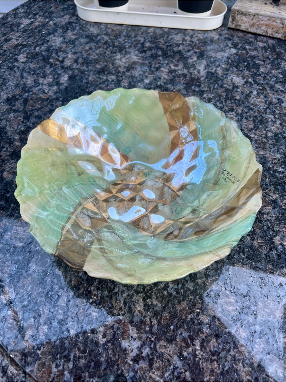 Artisan Hand-Blown Glass Bowl in Green and Gold Accent